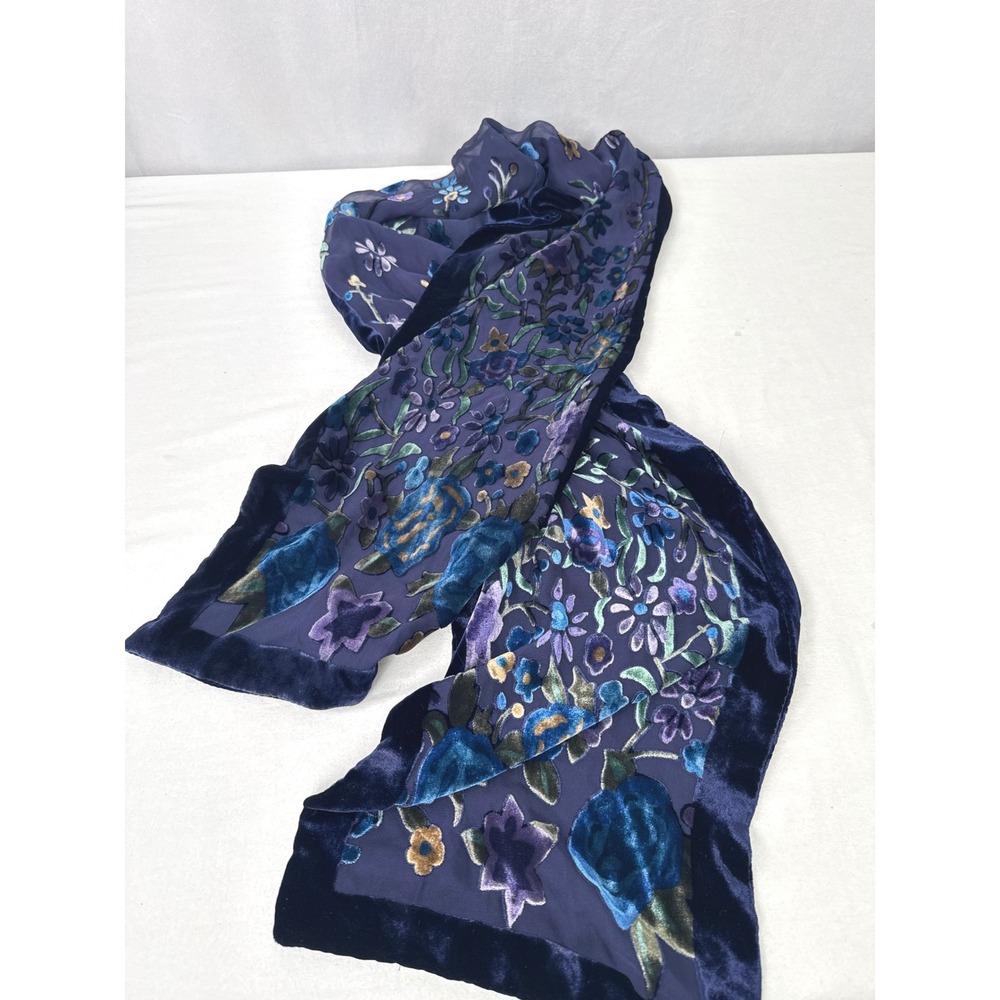 Lord & Taylor Navy Blue Silk Velvet Burnout Floral Devore Scarf Wrap Rectangular - Picture 3 of 7